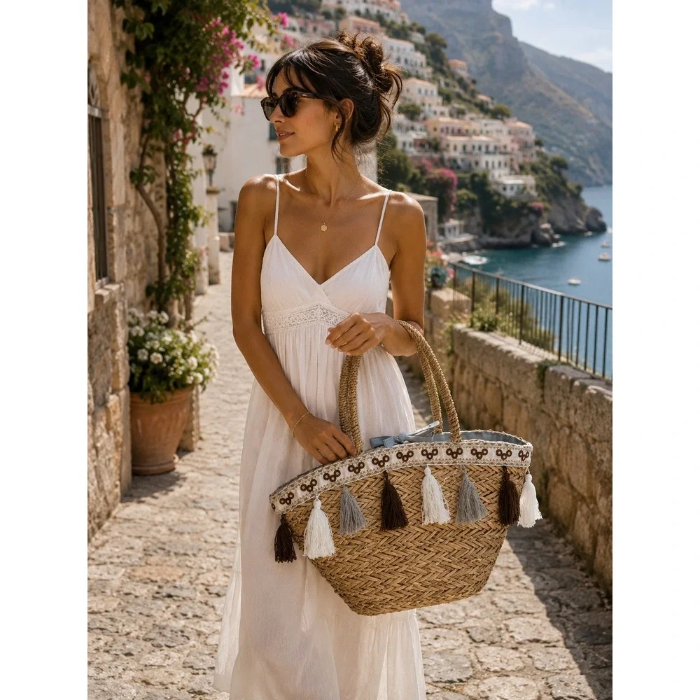 KikaHome Sicilian Straw Tote Bag Tassel Mirror Trim Large Natural Brown Gray